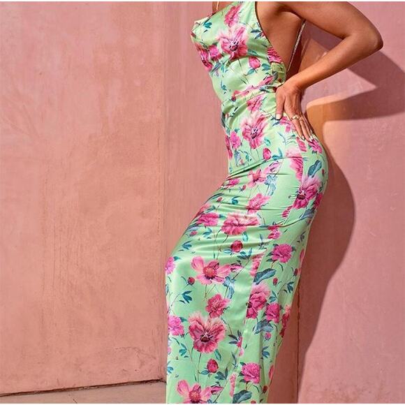 Pretty Little Thing Lime Green Pink Floral Satin Cowl Slip Dress - Picture 1 of 9